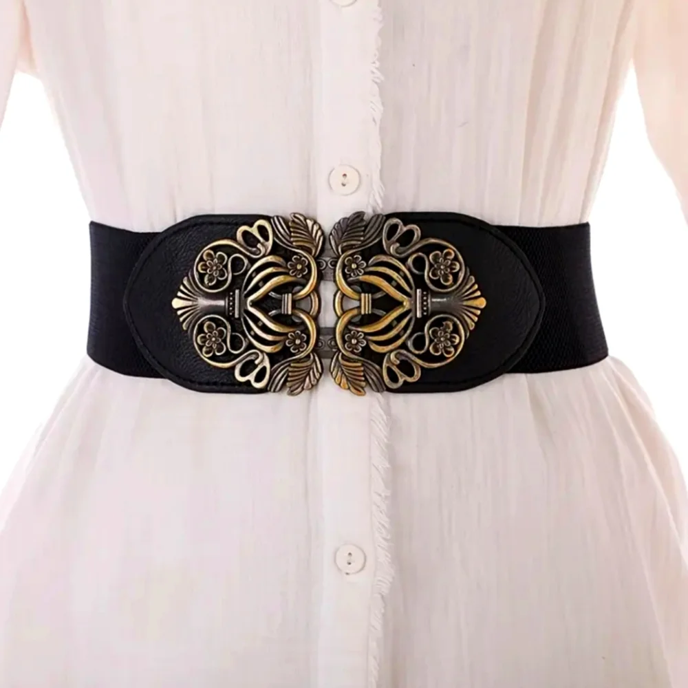 Retro Style Elegant‎ Black and Gold Elastic Women's Belt One Size